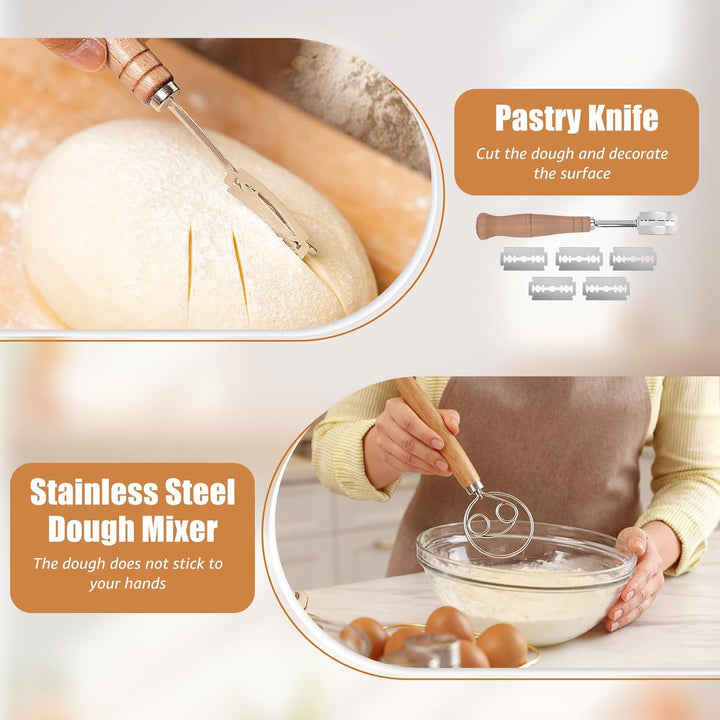 Sauerteig Starter Set 11-Teilig, 2 Gärkörbchen und Brot Backen Zubehör, Rund und Oval Brotkorb Zum B