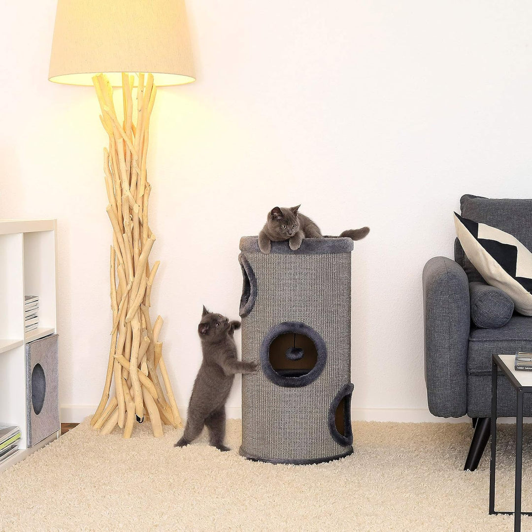 lionto Kratztonne aus Sisal mit Spielball &amp; Plüschrand, Höhe 70 cm, Grau | Stabiler Kratzbaum für kl
