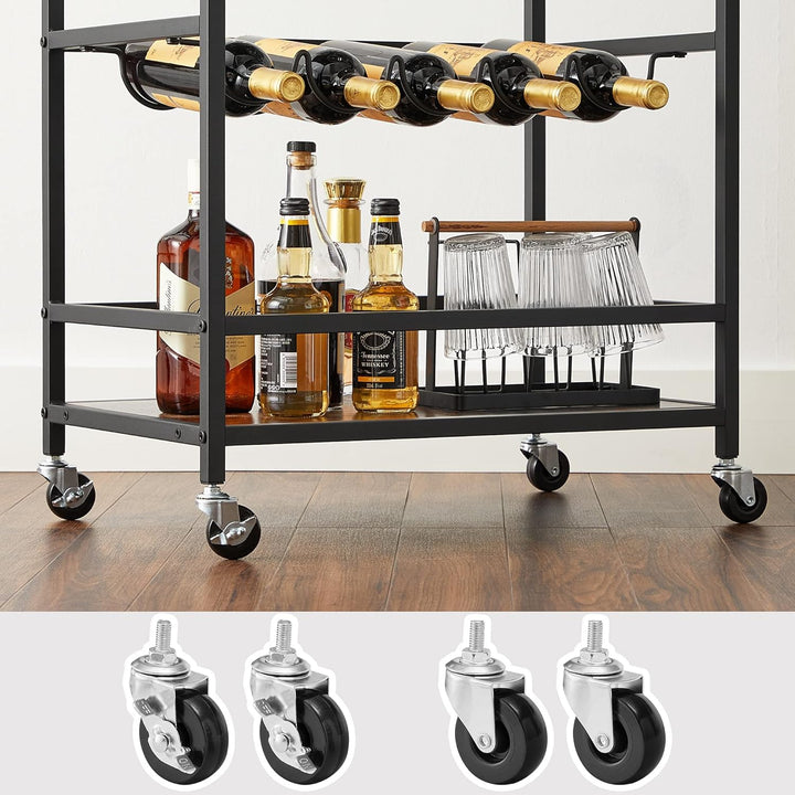 VASAGLE Servierwagen, Barwagen, Weinregal auf Rollen, Küchenwagen, Weinglashalter, Flaschenhalter, 4