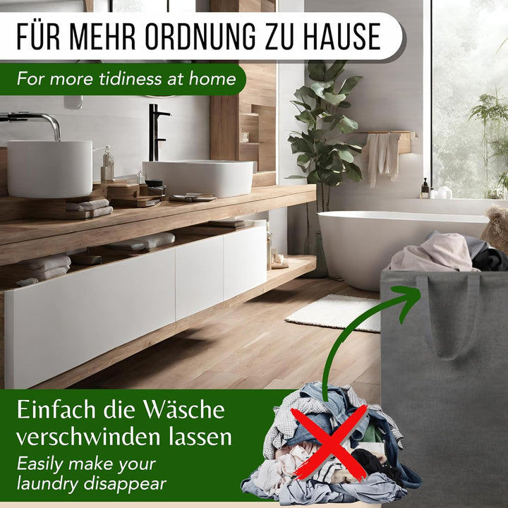 Wäschesammler 100 Liter Grau Faltbarer Wäschekorb Organizer mit erweitertem Griff, Wäschebox Aufbewa