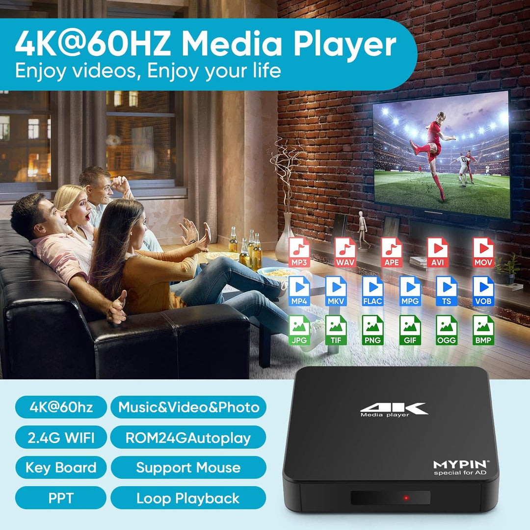 MYPIN 4K@60hz MP4 Media Player Unterstützt 8TB HDD/256G USB-Laufwerk/SD-Karte mit HDMI/AV-Ausgang fü