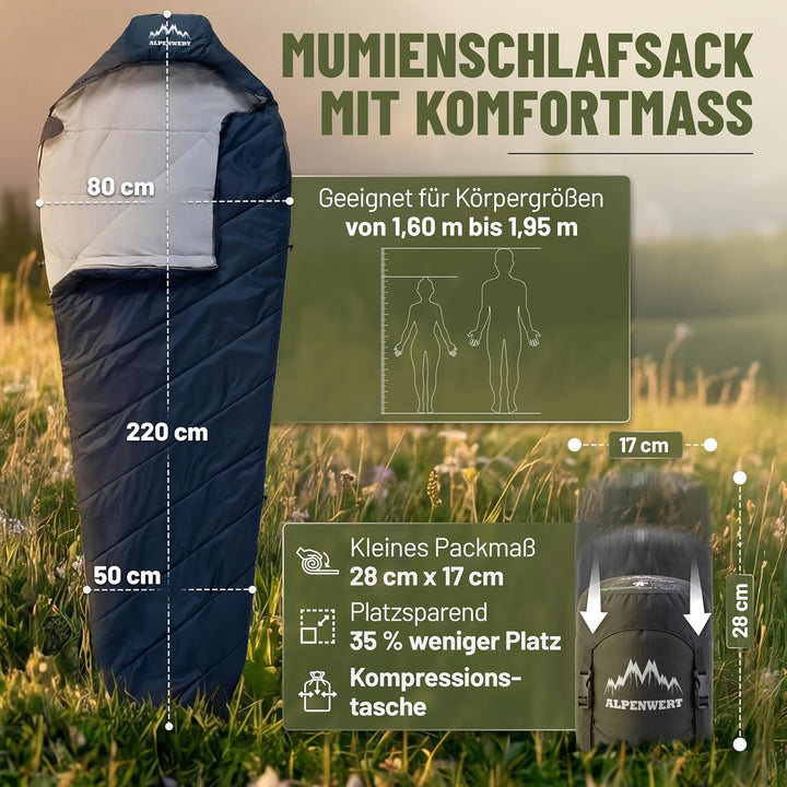 ALPENWERT® Schlafsack Sommer Ultraleicht & klein [15x27cm Packmass] – Wasserabweisend, YKK Reissvers