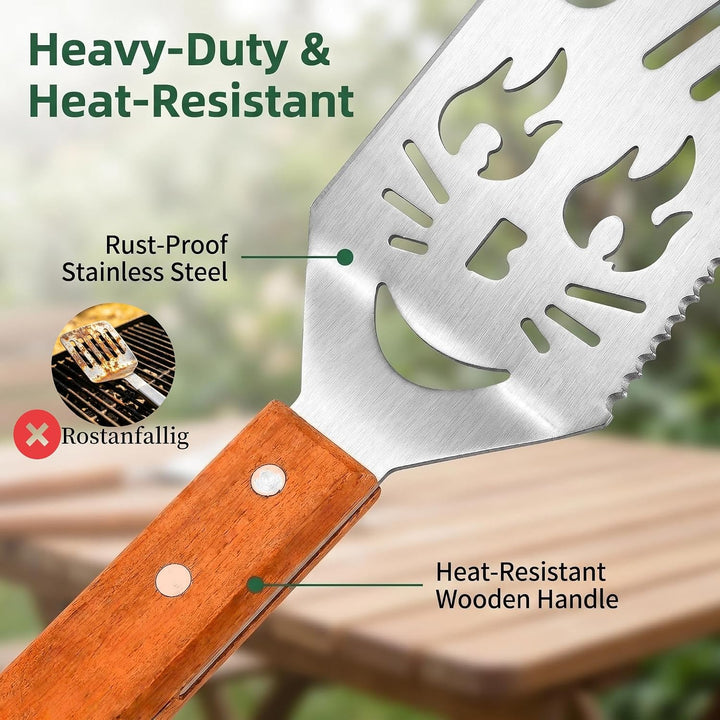 7-in-1 Grillbesteck Set 9-TLG Edelstahl mit Holzgriff Eingebaute Grillspachtel Set Funktion, Kreativ