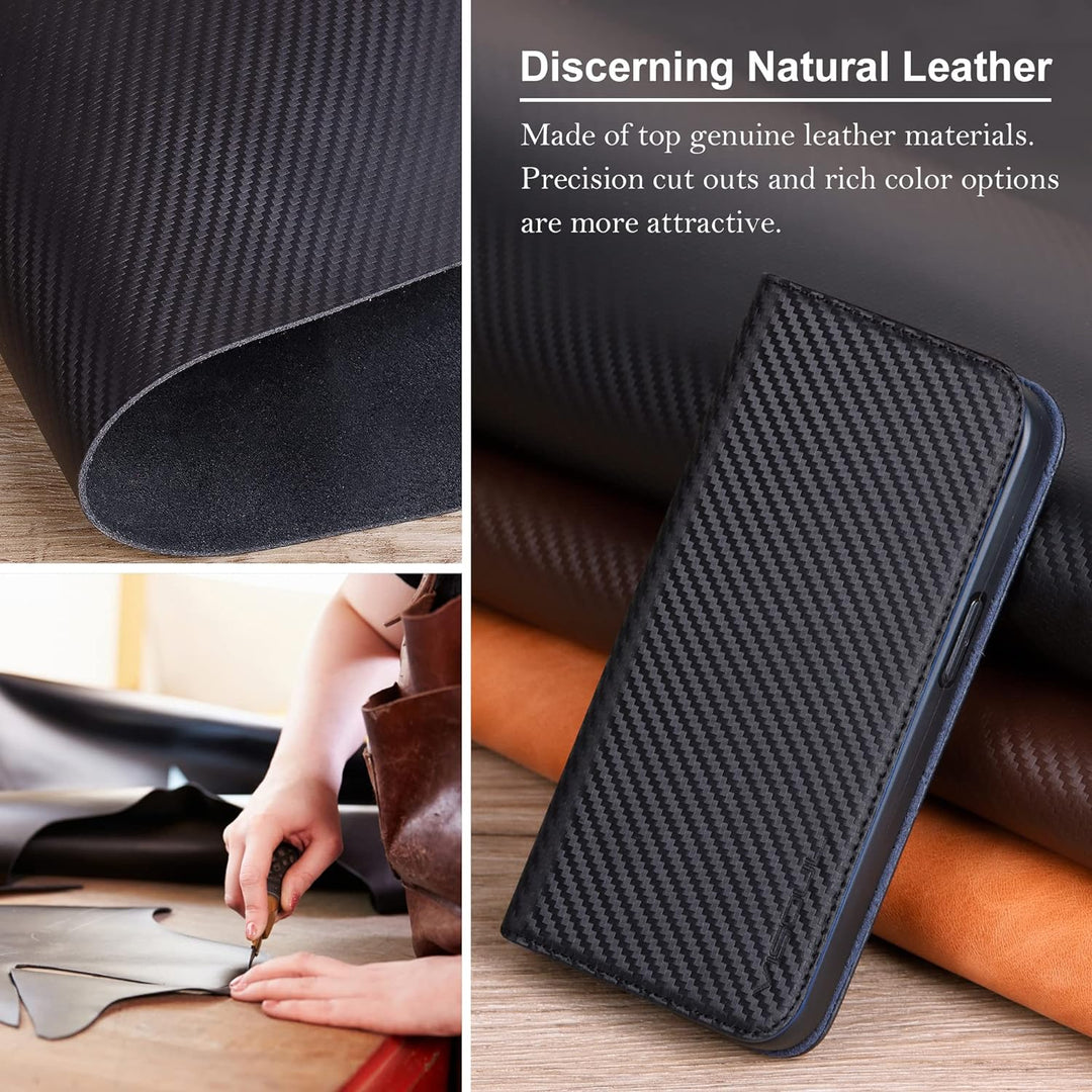 VISOUL iPhone 14 Plus Hülle, Handyhülle [100% Carbon Leder] [RFID Schutz] [Schützt vor Stoss] [Stand