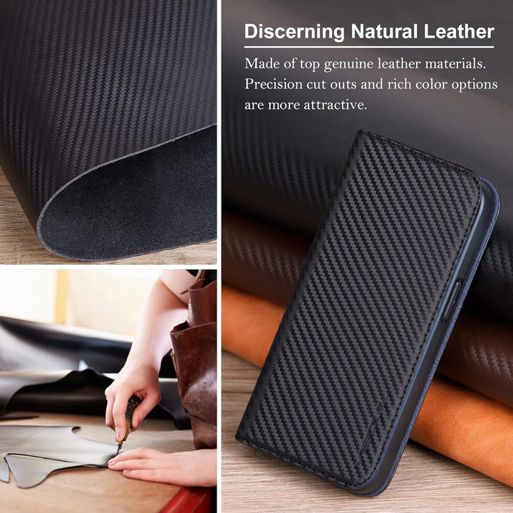 VISOUL iPhone 14 Plus Hülle, Handyhülle [100% Carbon Leder] [RFID Schutz] [Schützt vor Stoss] [Stand