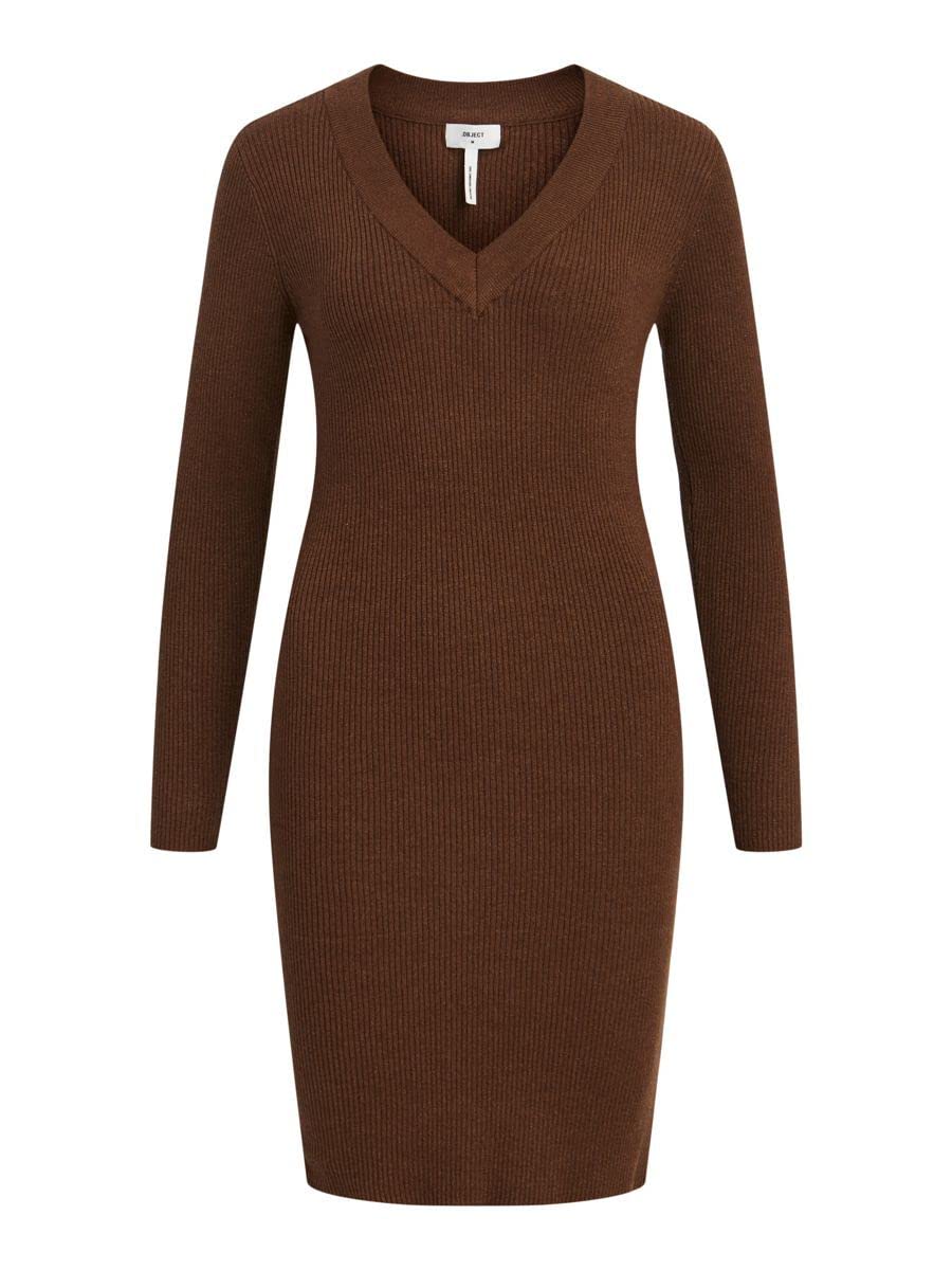 Object Female Strickkleid V-Ausschnitt XS Dark Earth, XS Dark Earth