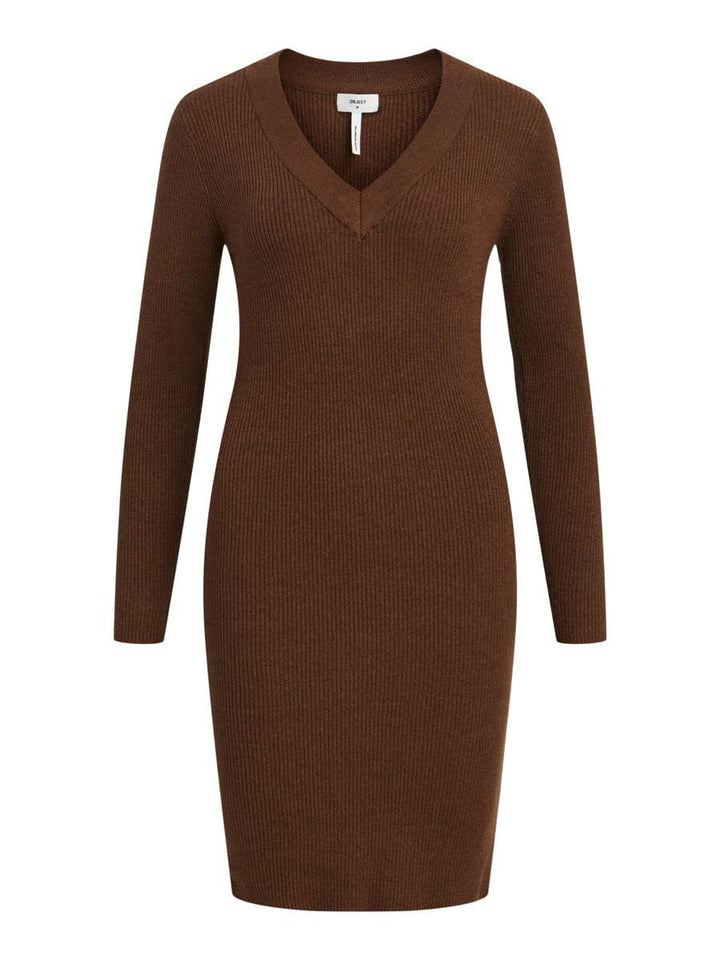 Object Female Strickkleid V-Ausschnitt XS Dark Earth, XS Dark Earth
