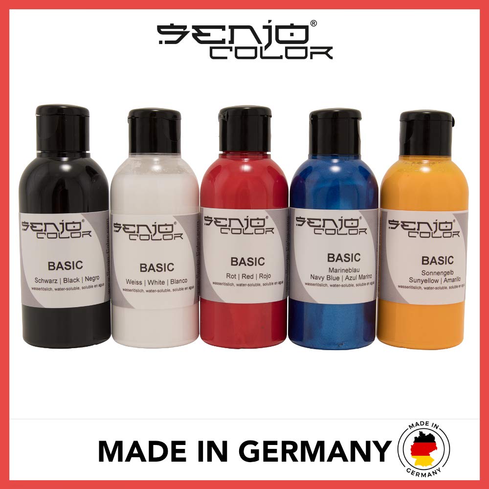 Senjo Color Basic Pinsel & Airbrush Bodypainting Farben Set 5 x 75ml Schwarz, Weiss, Rot, Gelb, Blau