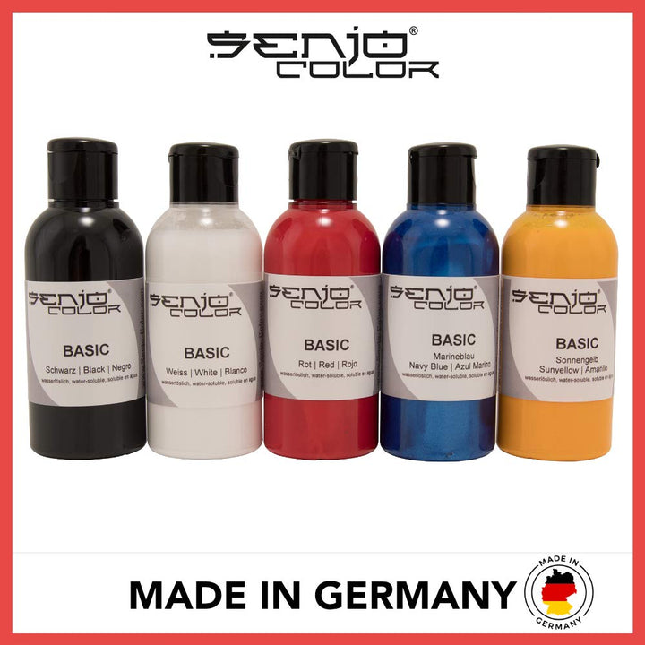Senjo Color Basic Pinsel & Airbrush Bodypainting Farben Set 5 x 75ml Schwarz, Weiss, Rot, Gelb, Blau