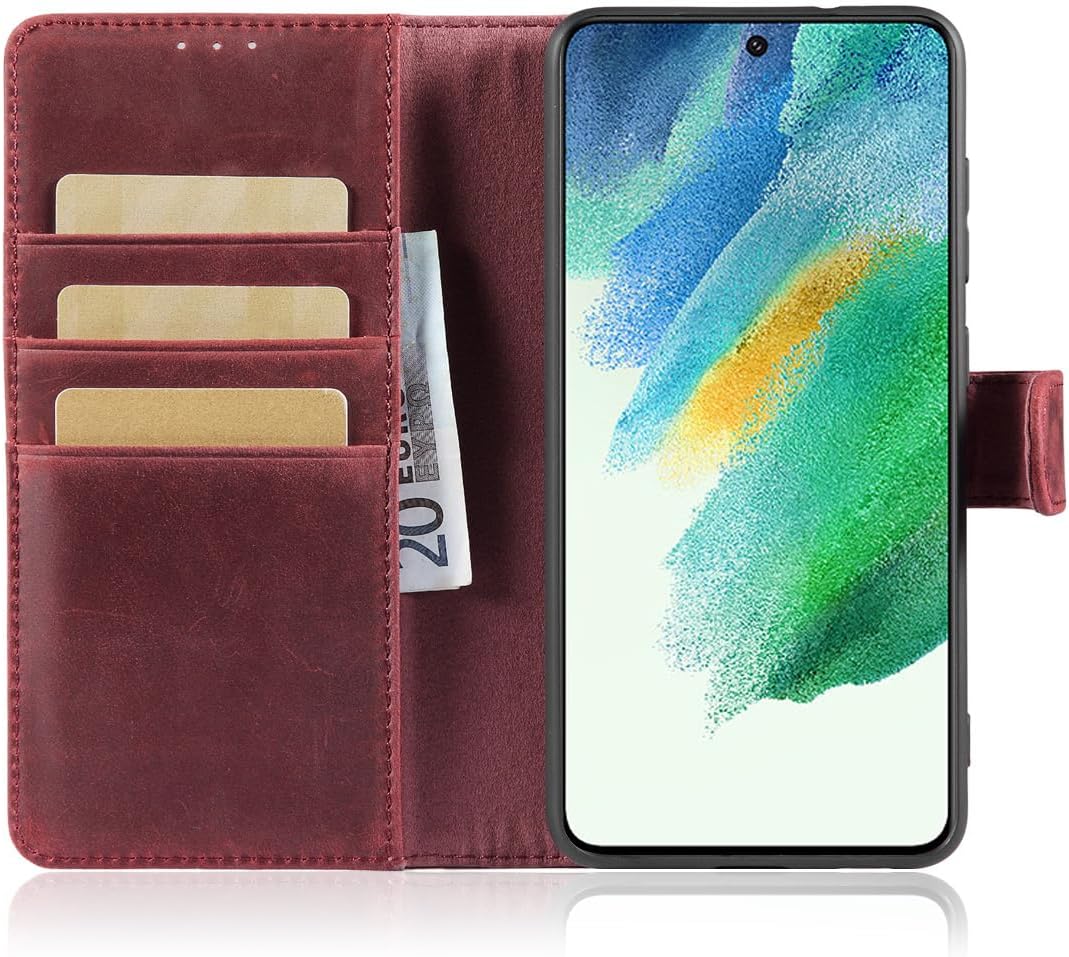 LENSUN Echtleder Hülle für Samsung Galaxy S21 FE, Handyhülle [Premium Echtes Leder][Kartenfach][RFID
