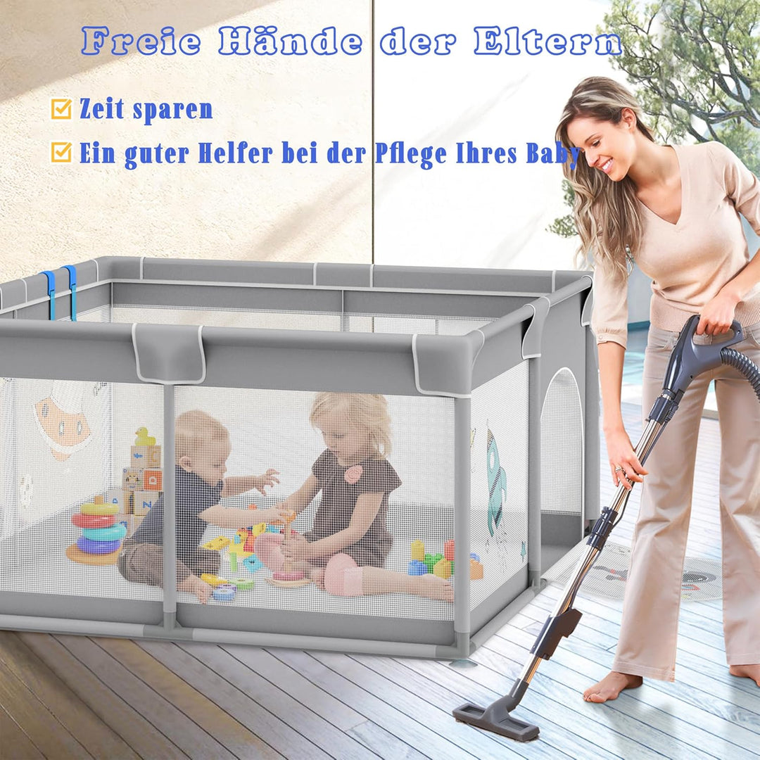 Laufstall 127x127cm Mit 50 Spielbällen, Krabbelgitter Und 4 Zugringen - Tragbarer Baby Playpen, Grau