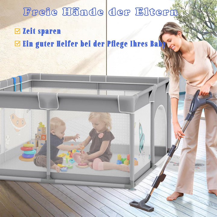 Laufstall 127x127cm Mit 50 Spielbällen, Krabbelgitter Und 4 Zugringen - Tragbarer Baby Playpen, Grau