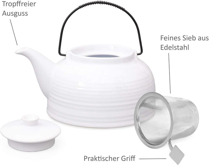 Aricola Teeservice „Nelly“. Moderne Teekanne 1,5 Liter in weiss/weiss aus hitzebeständiger Keramik m