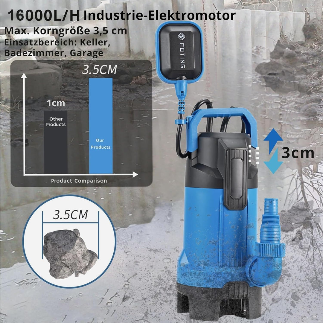 FOTING Schmutzwassertauchpumpe 550 W, 16000 l/h,Max durchlässige Partikelgrösse: 3,5 cm,Förderhöhe m