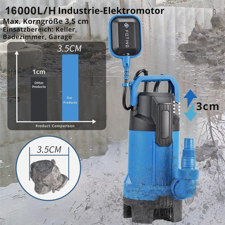 FOTING Schmutzwassertauchpumpe 550 W, 16000 l/h,Max durchlässige Partikelgrösse: 3,5 cm,Förderhöhe m