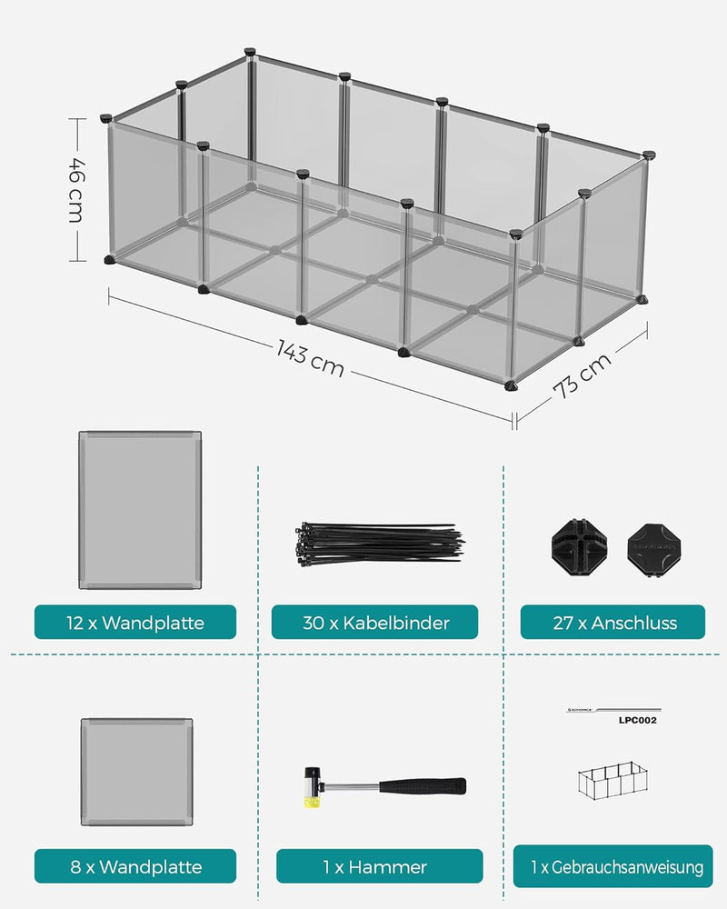 SONGMICS Freigehege mit Bodenplatten, Laufstall, Meerschweinchen Gehege, aus Kunststoff, Gehege für