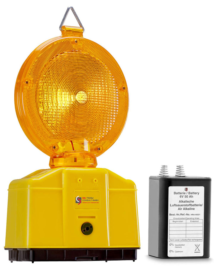 UvV LED 2 x Baustellenleuchte, Warnleuchte gelb, inkl. 2 Batterien 50 Ah für Ihre Baustelle, Baustel