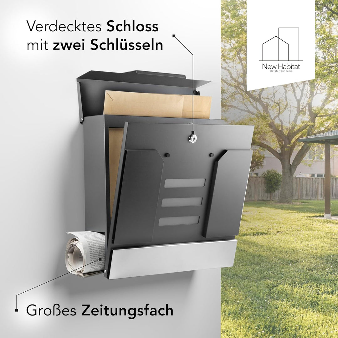 Moderner Briefkasten Personalisierbar Mailand Anthrazit RAL7016 - mit Zeitungsfach - Wandbriefkasten
