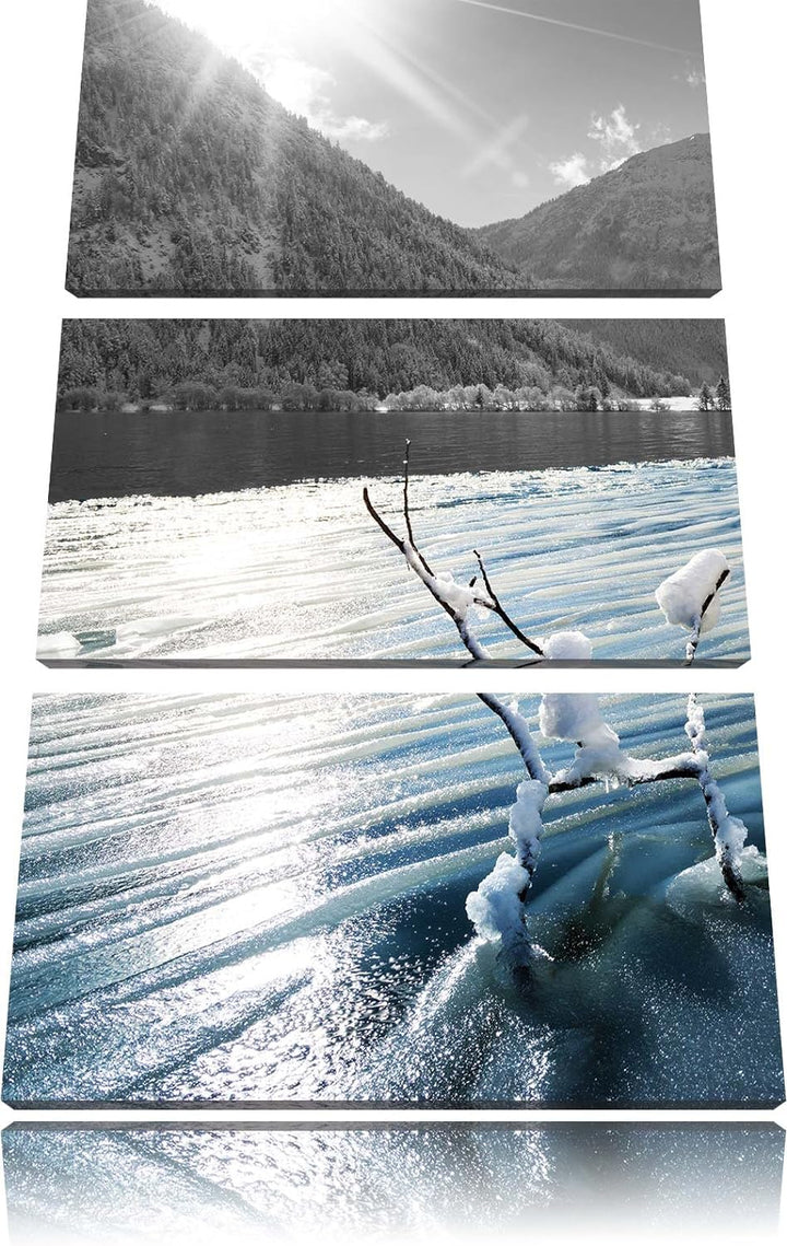 Pixxprint Ruhiger See im Winterwald als Leinwandbild/Grösse: 3 Teilig (120x80) cm/Wandbild/Kunstdruc