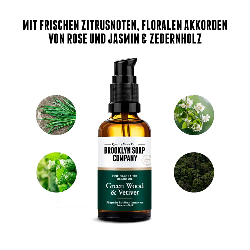 Brooklyn Soap Company, Bartöl 50 ml Green Wood & Vetiver - Pflegendes Bart Öl für Herren - Für die t