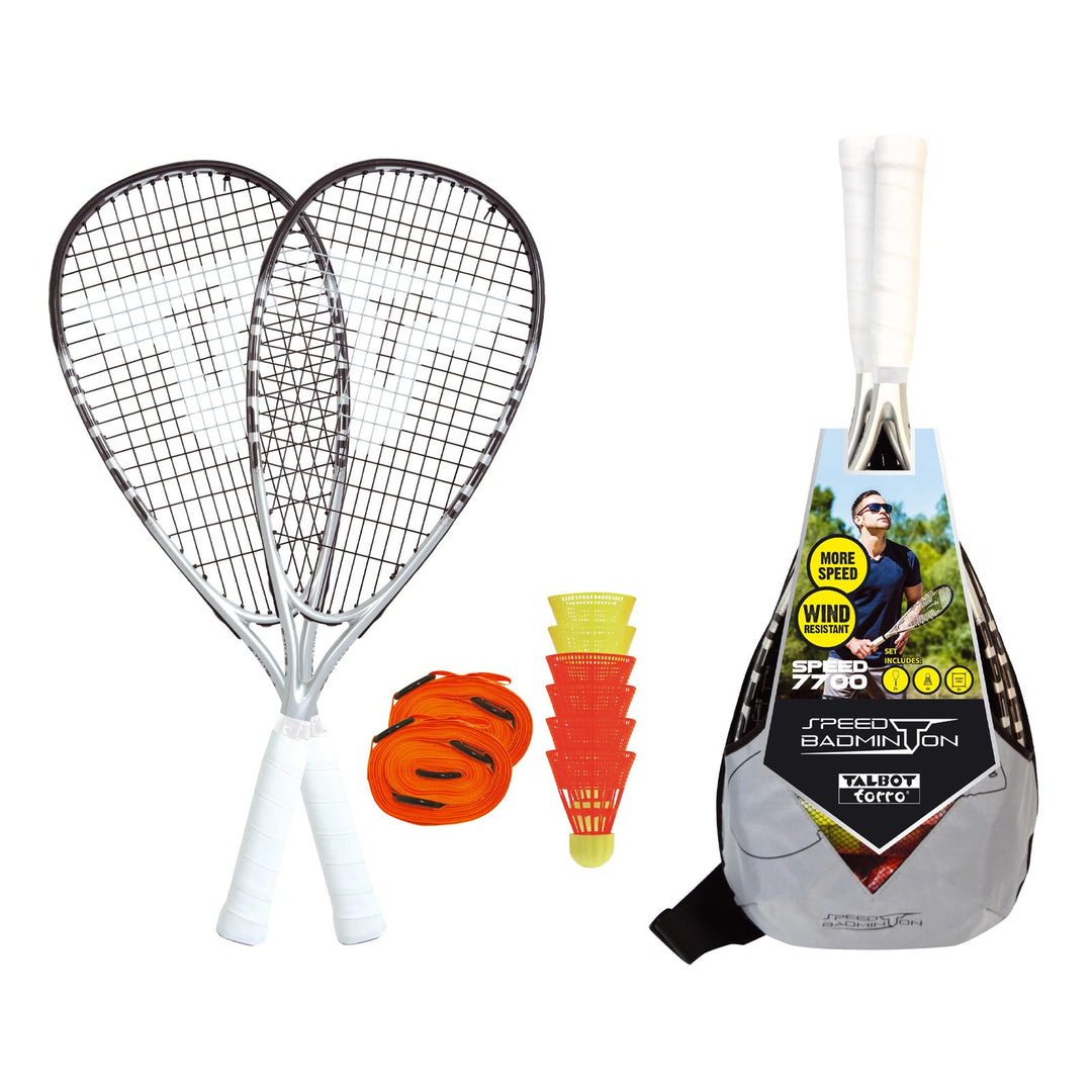 Talbot-Torro Speed-Badminton Set Speed 7700, 2 Graphit-Composite Rackets, 6 oder 5 windstabile Feder