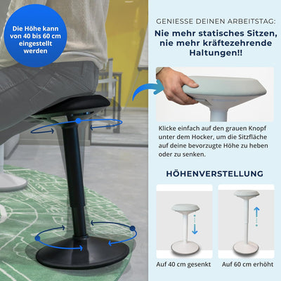 Backerz ergonomischer Wackel-Hocker - Bürohocker mit 40-60 cm Höhenverstellbar, Stehhocker, Arbeitsh