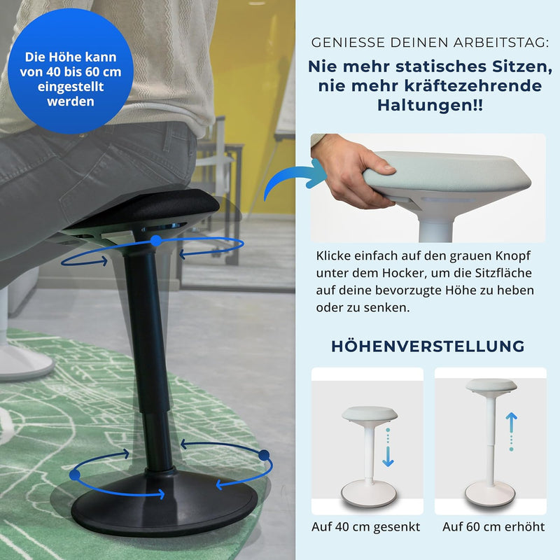Backerz ergonomischer Wackel-Hocker - Bürohocker mit 40-60 cm Höhenverstellbar, Stehhocker, Arbeitsh