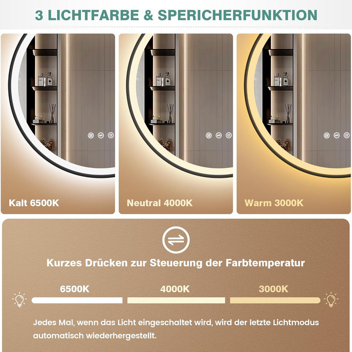 Runder Spiegel mit Beleuchtung 60 cm – Antibeschlag, Dimmbar, 3 Lichtfarben, LED Badspiegel mit Touc