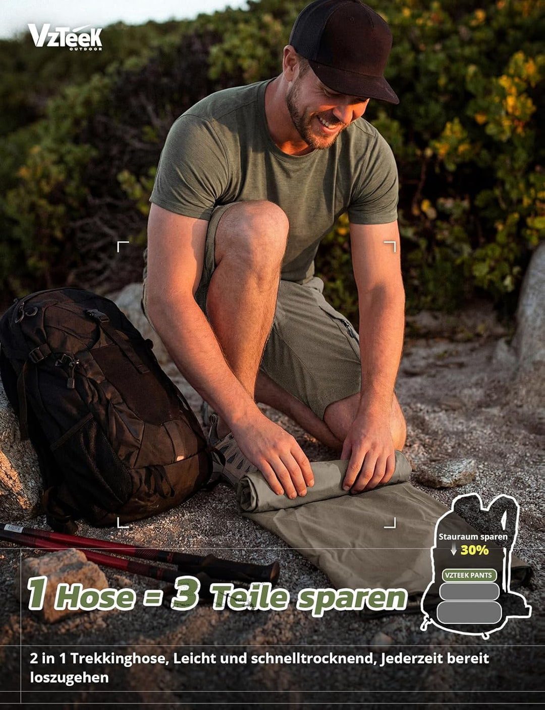 Vzteek Herren Wanderhose Zip Off Trekkinghose Outdoorhose Sommer Softshell Stretch Hose Kurz für Wan