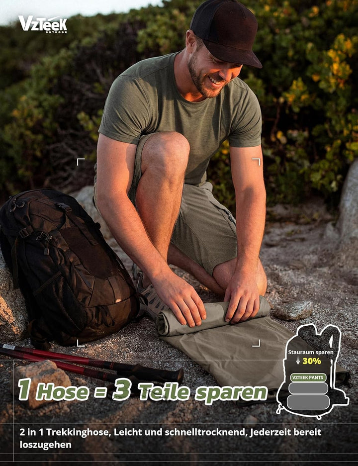 Herren Wanderhose Zip Off Trekkinghose Outdoorhose Sommer Softshell Stretch Hose Kurz für Wandern,Ba