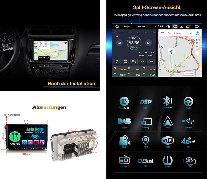 Erisin 9 Zoll 8-Kern Android 12 Autoradio mit Navi GPS Für VW Polo Golf 6 Golf 5 T5 Sharan Passat Ti