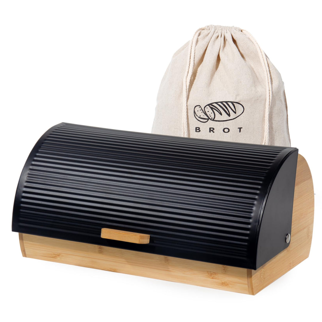 Brotkasten Metall Holz, Brotbox Schwarz, Brot Aufbewahrungsbox gross, Brotkorb mit Deckel, Bread Box