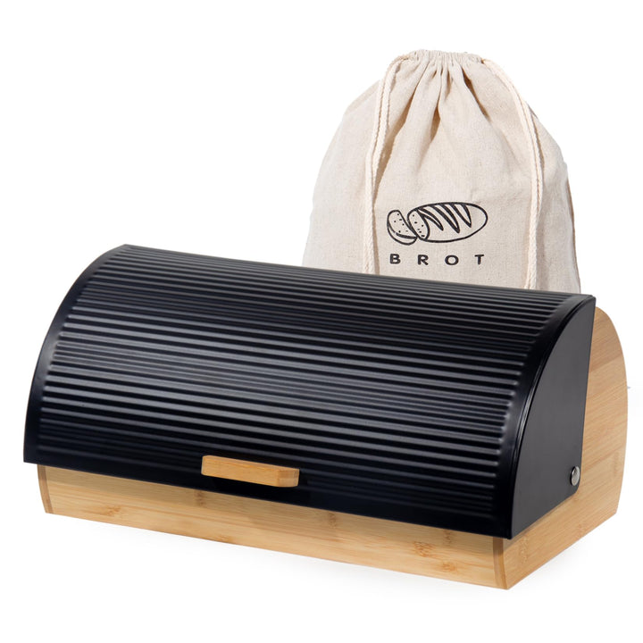 Brotkasten Metall Holz, Brotbox Schwarz, Brot Aufbewahrungsbox gross, Brotkorb mit Deckel, Bread Box