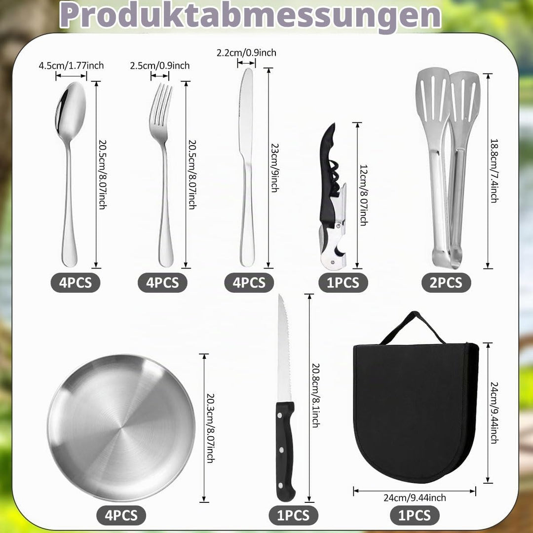 Camping Geschirr Set, Camping Besteck Edelstahl Inklusive Bestecktasche Edelstahl-Gabeln, Messer und