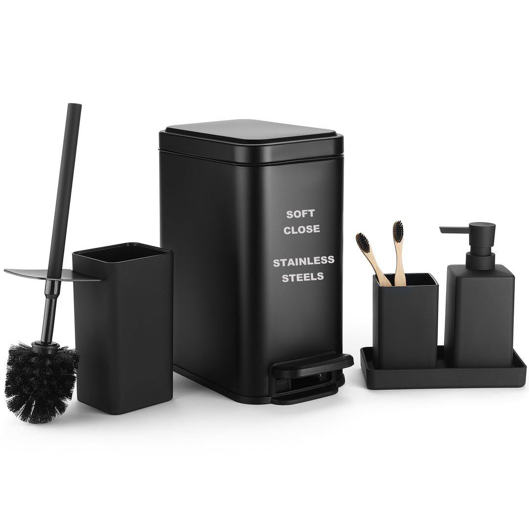 GAHEFY Badezimmer Accessoires Set 5-teilig – Edelstahl Mülleimer 5L mit Soft-Close Deckel, WC Bürste