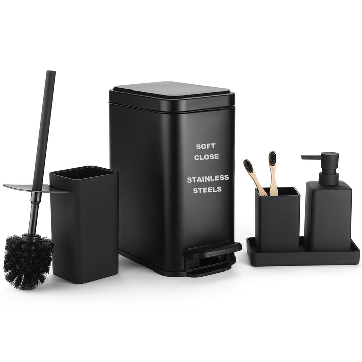 GAHEFY Badezimmer Accessoires Set 5-teilig – Edelstahl Mülleimer 5L mit Soft-Close Deckel, WC Bürste