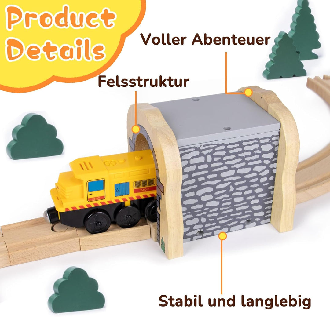 Holzeisenbahn Grauer Tunnel Set mit 2 Kurzen Geraden, Holzeisenbahn Zubehör kompatibel mit führenden