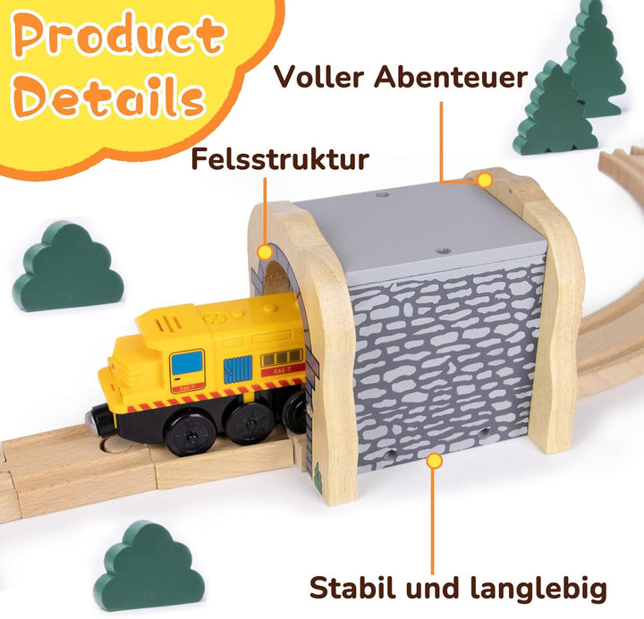 Holzeisenbahn Grauer Tunnel Set mit 2 Kurzen Geraden, Holzeisenbahn Zubehör kompatibel mit führenden