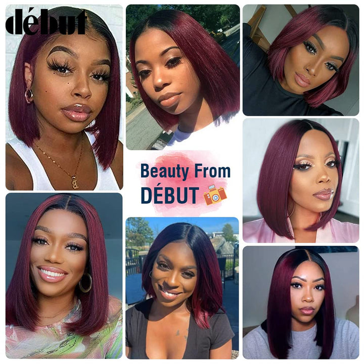 DÉBUT Glatte Bob Perücke, Echthaar, T-Teil, Spitzenfront, Bob-Perücke, vorgezupft, mit Babyhaar, 150
