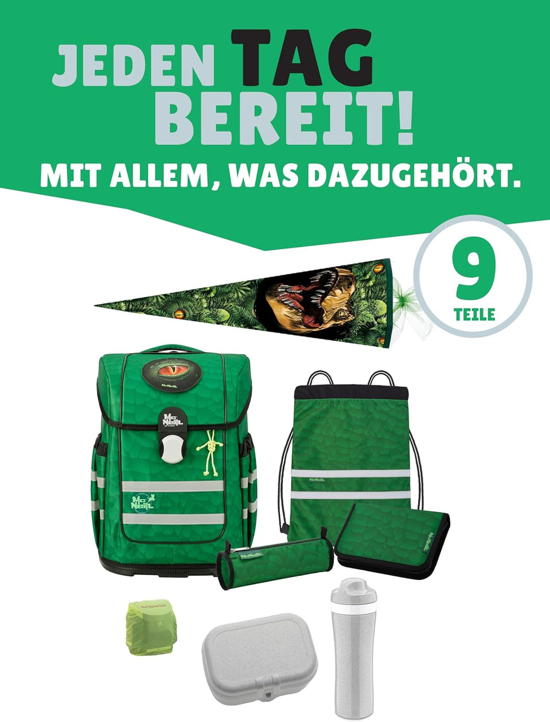 Familando - McNeill ERGO COMPLETE Schulranzen Set - 9-teilig mit Schultüte - Dinosaurier - Ergonomis