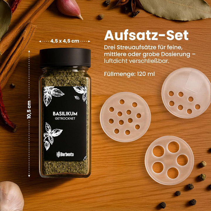 CLP Gewürzgläser eckig 24er Set (120ml), Gewürzstreuer klein mit Streueinsätzen und Etiketten, inkl.