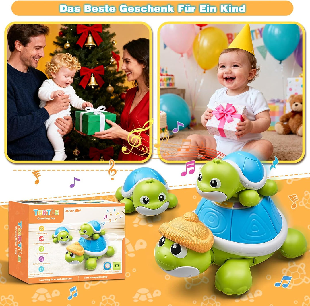 Baby Krabbel Spielzeug ab 3 6 9 Monate, 3 PCS Schildkröten Krabbelspielzeug mit Licht und Musik, Frü