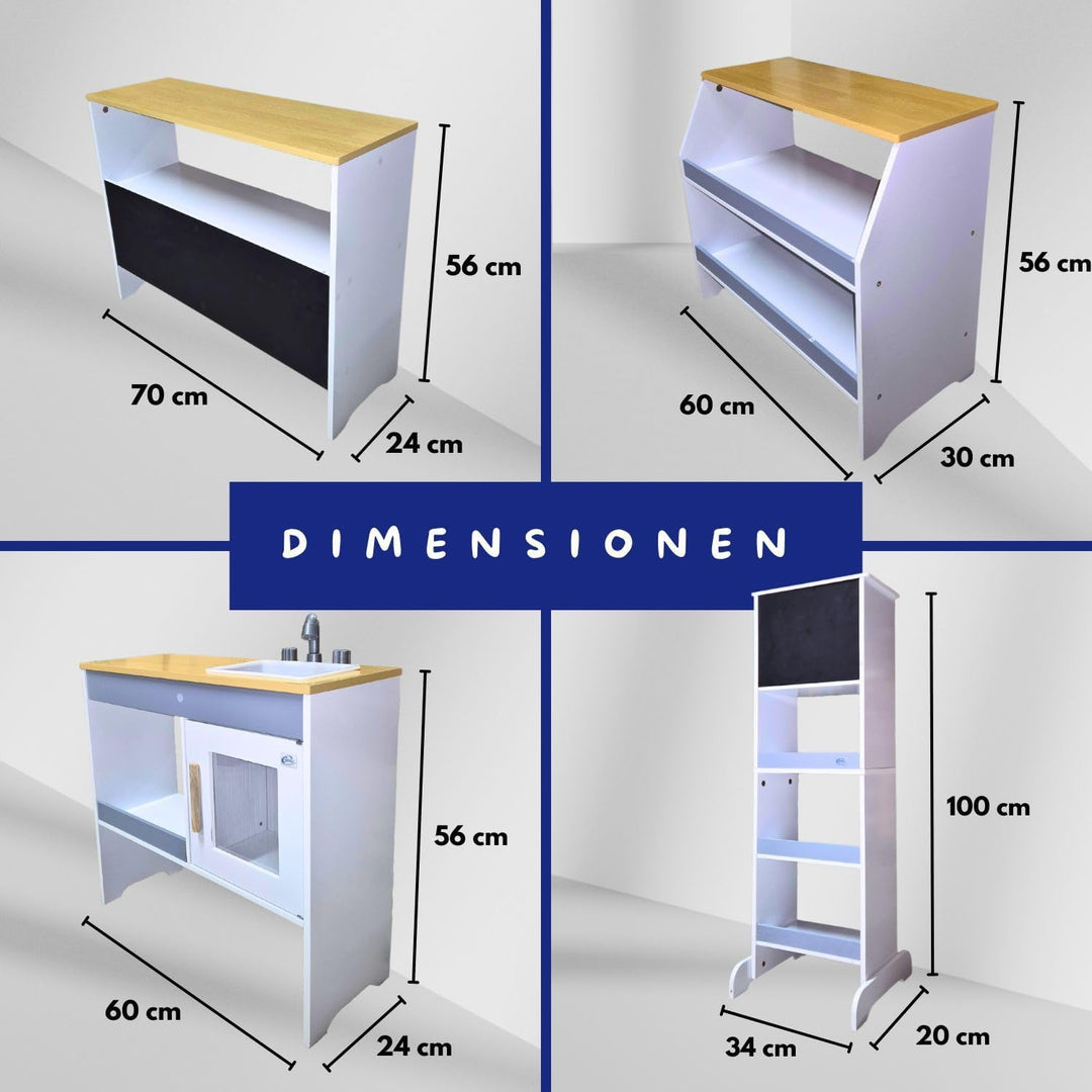 Coemo Spielküche Kaufladen Ida, grau, 4er Set mit Spülbecken, grosse Kinderküche, Kaufmannsladen für