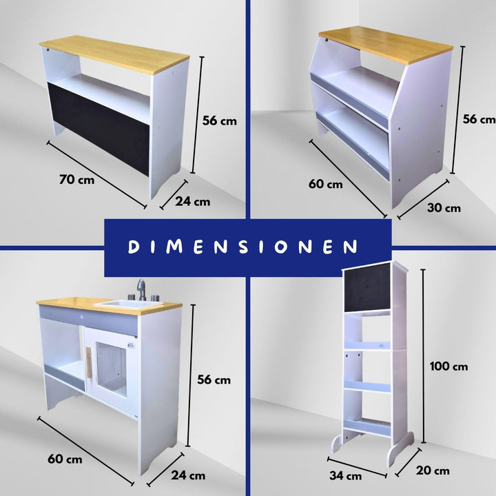 Coemo Spielküche Kaufladen Ida, grau, 4er Set mit Spülbecken, grosse Kinderküche, Kaufmannsladen für