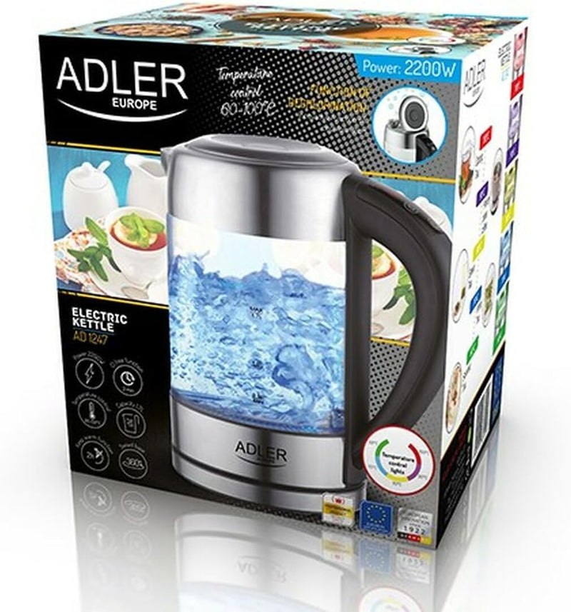 Adler AD 1247 Wasserkocher aus Edelstahl und Glas, 1,7L, 2200 W, digitaler Glaswasserkocher mit Temp