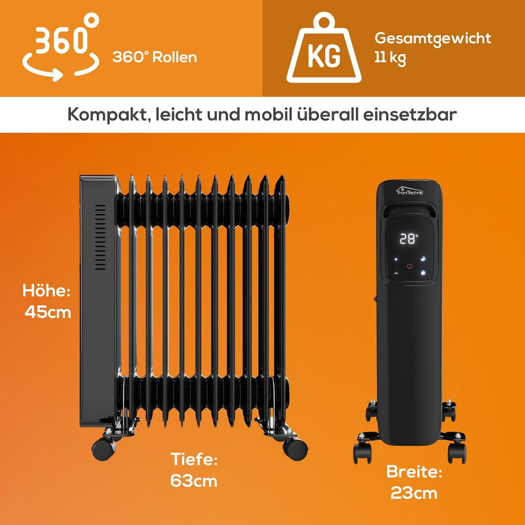 Tronitechnik® Ölradiator TT-OR 311 Elektroheizung Schwarz Öl-Heizung Radiator 3 Heizstufen 11 Rippen