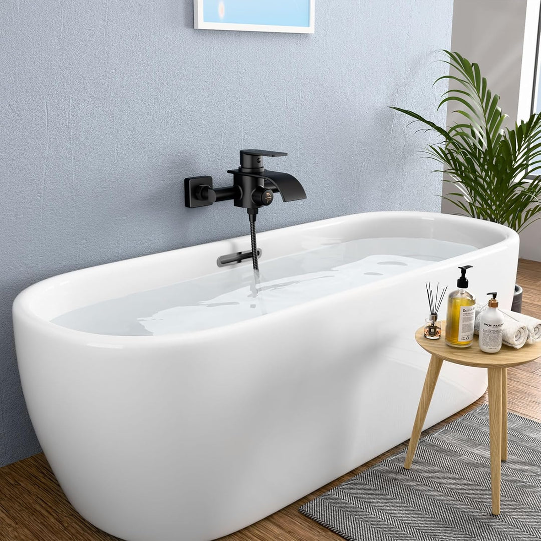 KULACO Badewannenarmatur Wasserfall Schwarz, Mischbatterie Badewanne Wannenbatterie, Messing Wasserh