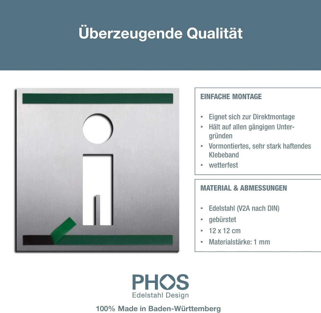 PHOS Design, PS0301K, WC Türschild Mann, 12 x 12 cm, Edelstahl gebürstet, selbstklebend, Toilettensy