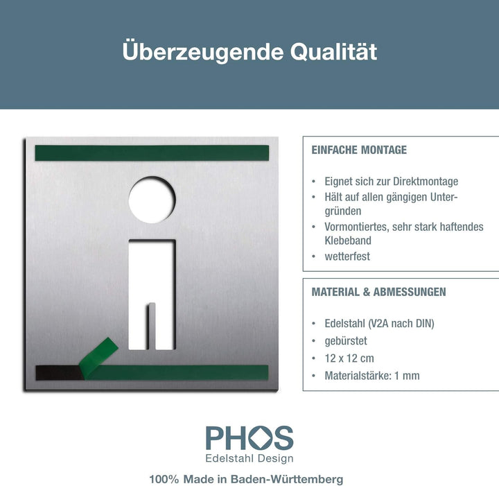 PHOS Design, PS0301K, WC Türschild Mann, 12 x 12 cm, Edelstahl gebürstet, selbstklebend, Toilettensy