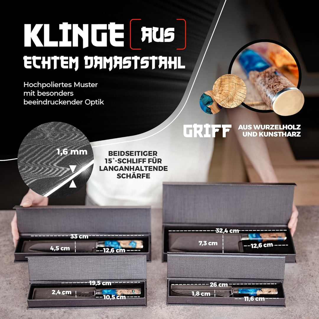 Tsume Exotic Set Saphir, Messerset mit 4 Premium Küchenmessern, Echte Damast Küchenmesser, 67 Schich